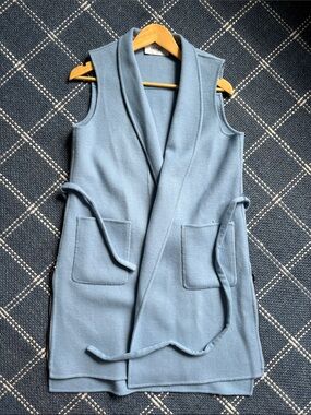 Per Se Sleeveless Shawl Collar Wrap Dress Wool Vest in Light Blue